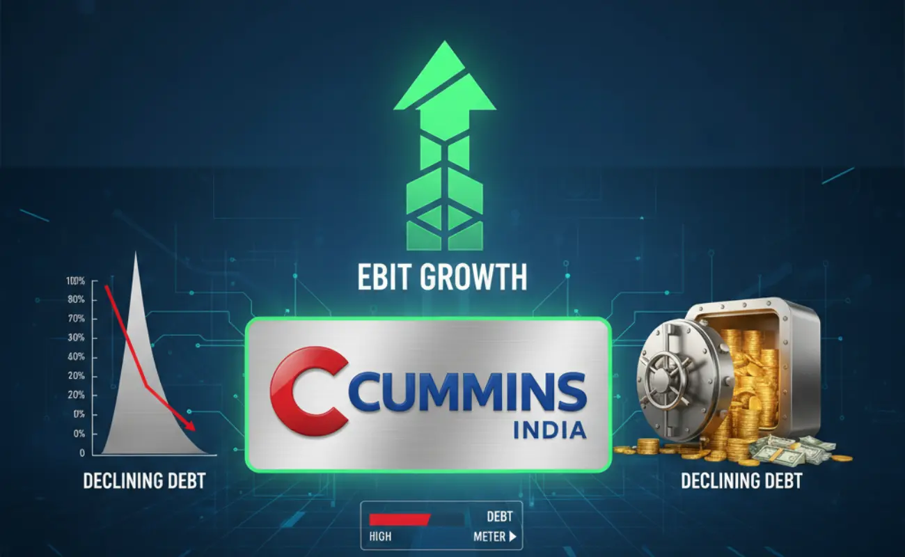 Cummins India लोगो, नकदी भंडार और घटता कर्ज मीटर दिखाता आधुनिक ग्राफिक