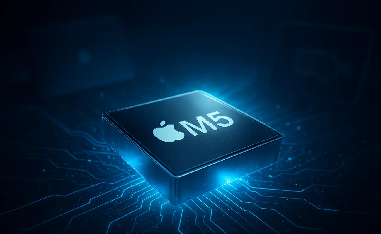 Apple M5 चिपसेट का 3D व्यू जिसमें नीयॉन ब्लू लाइट्स और टेक सर्किट्स दिख रहे हैं