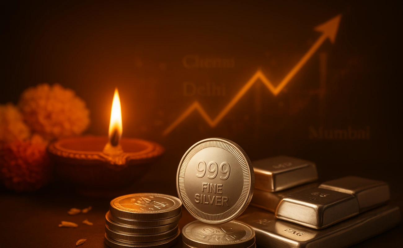 दिवाली पर चांदी खरीदते लोग और बढ़ती चांदी की कीमत का ग्राफ