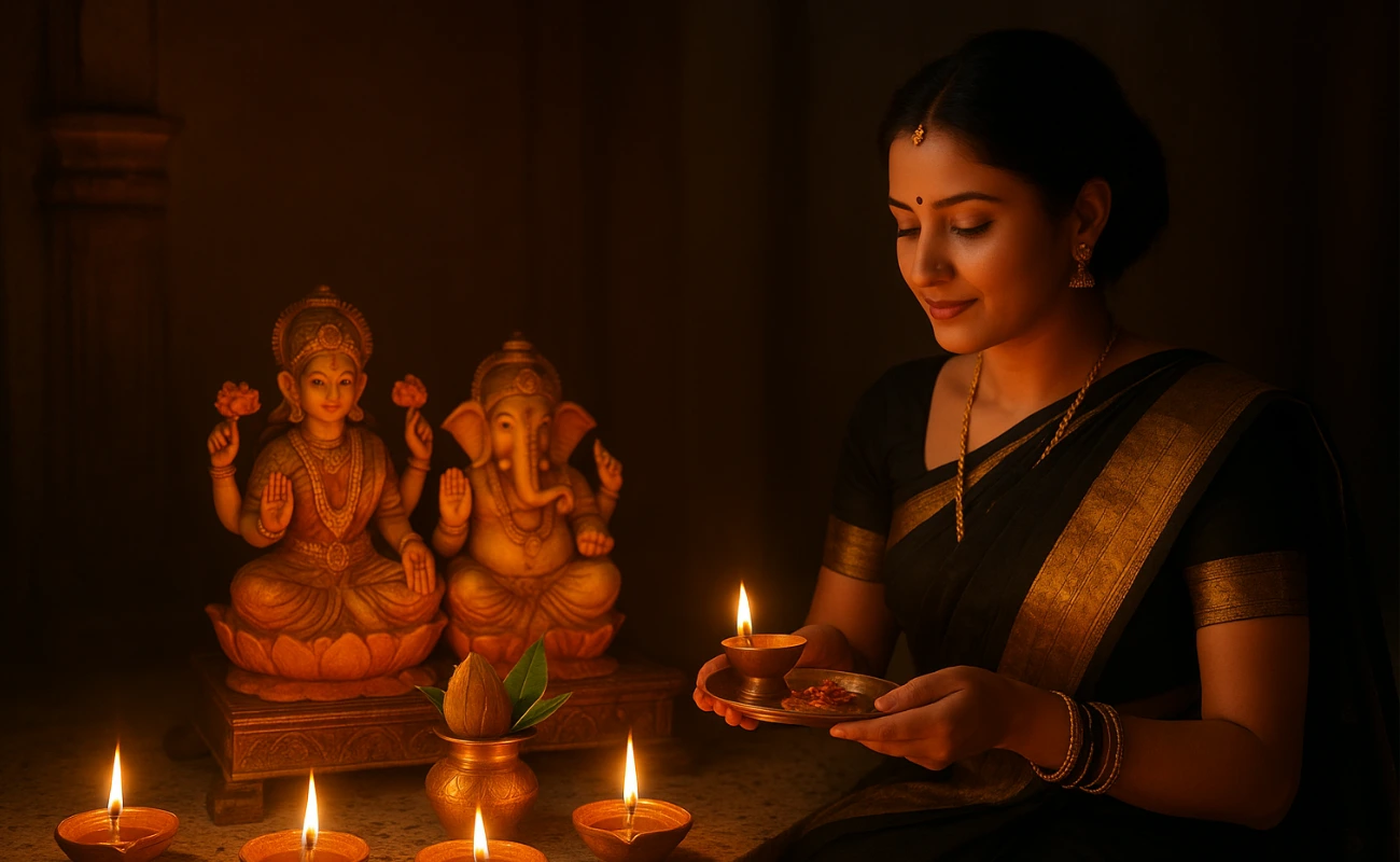 काली और सुनहरी साड़ी पहनी महिला लक्ष्मी-गणेश की पूजा करती हुई, दीपावली के दीपों के साथ सुंदर सीन