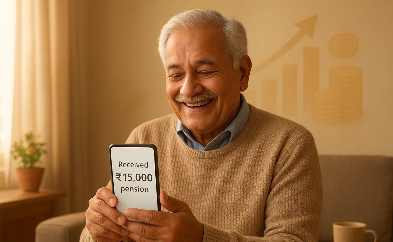 खुश बुजुर्ग व्यक्ति मोबाइल पर LIC Pensionस्कीम की राशि देखता हुआ