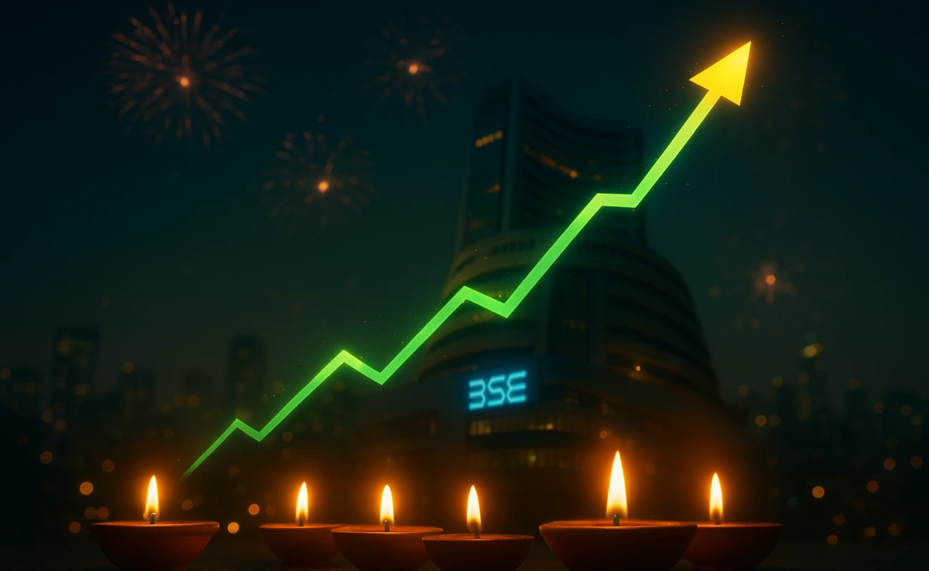 दिवाली के दीपक और ऊपर जाता हरा शेयर बाजार ग्राफ दर्शाता बाजार में तेजी